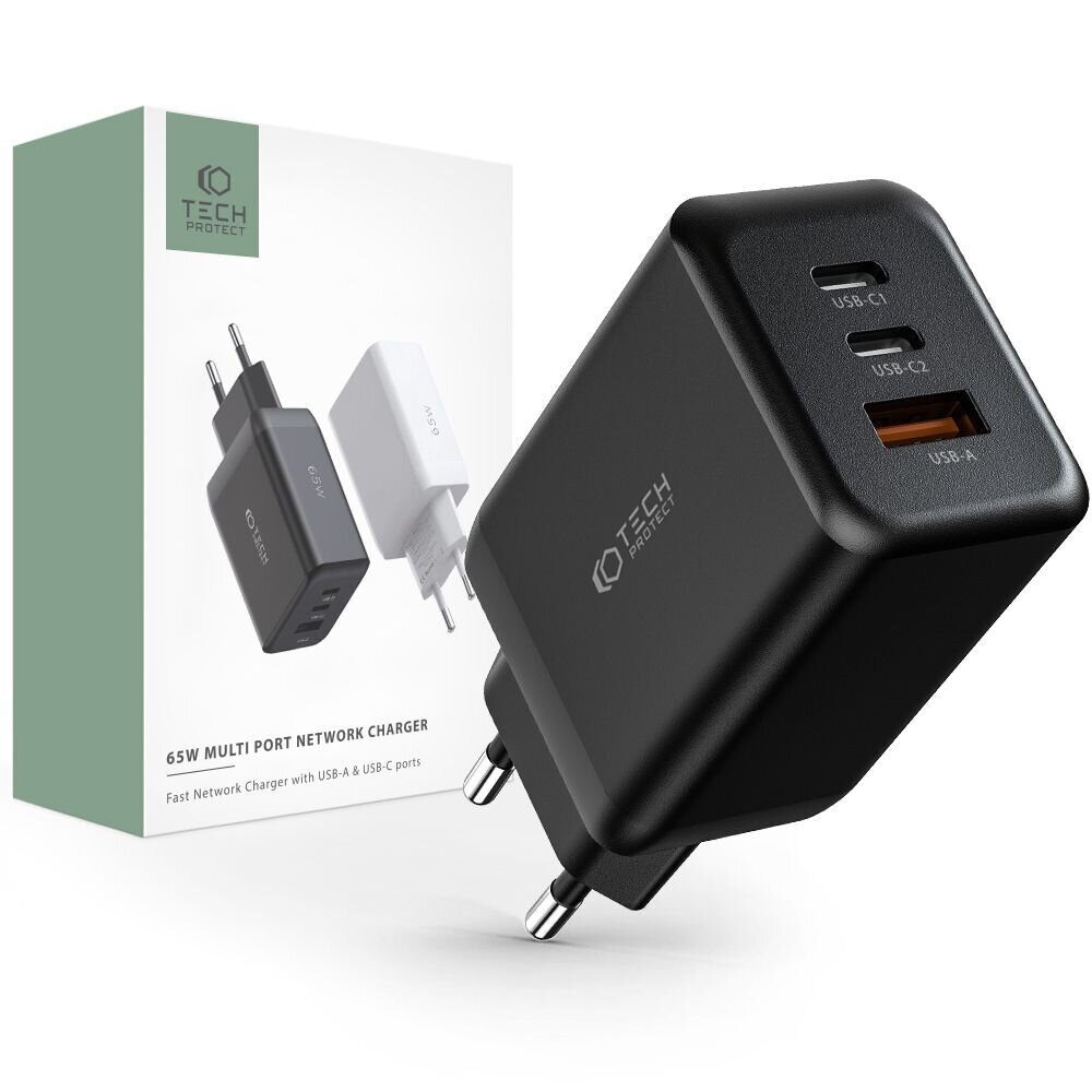 СЗУ TECH-PROTECT C65W 3-PORT NETWORK CHARGER PD65W/QC3.0 BLACK (USB-C1/C2 - 65W Max; USB-A - 18W Max)