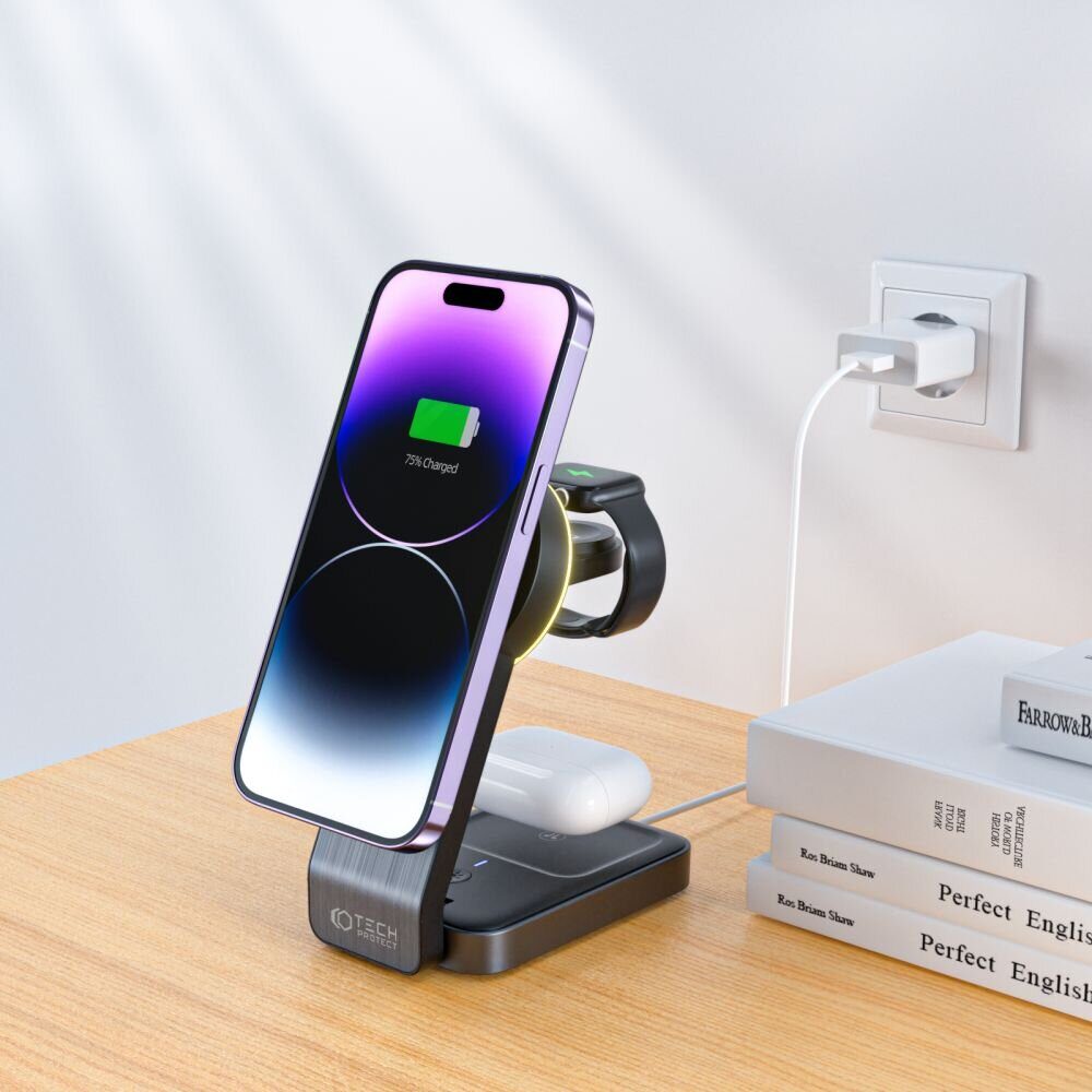 БЗУ TECH-PROTECT QI15W-A28 3IN1 MAGNETIC MAGSAFE WIRELESS CHARGER 15W BLACK (материал ABS + PC + Aluminium; складной форм-фактор; встроенная светодиодная лампа, управление сенсорной кнопкой; поддержив