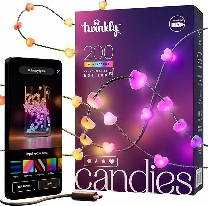 Гирлянда Twinkly Candies Hearts 200 диодов, в форме сердца, RGB, расстояние между лампами 6 см, зеленый провод, BT+WiFi, IP20, питание от USB-C