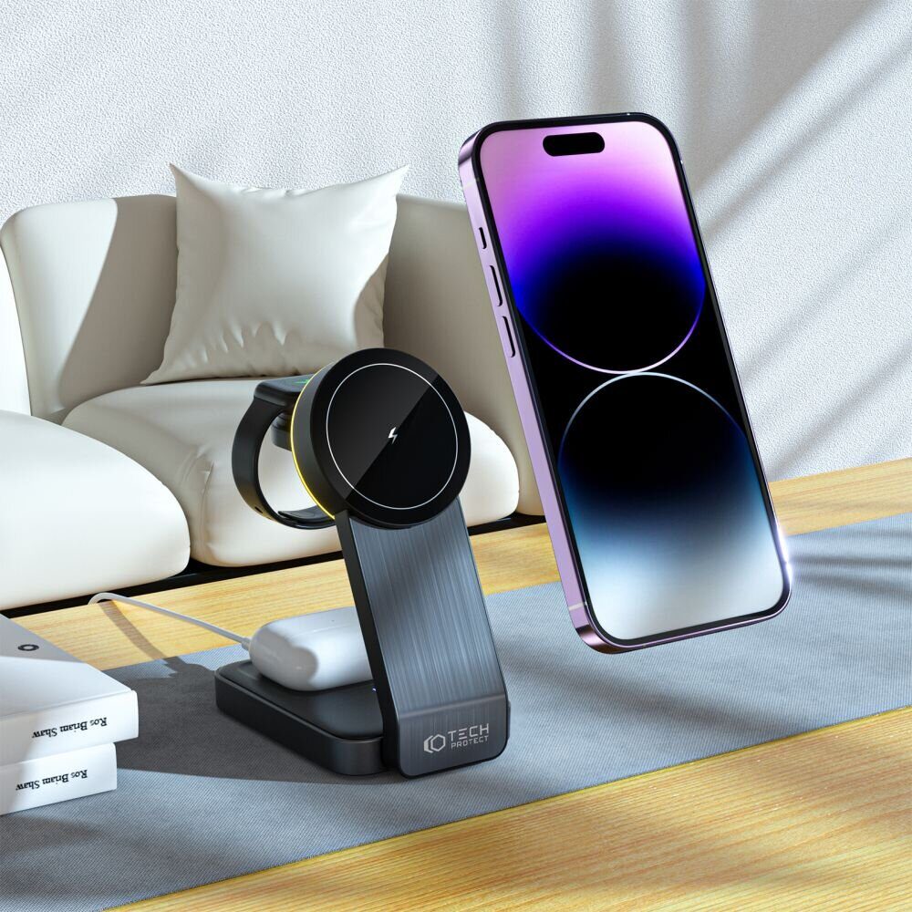 БЗУ TECH-PROTECT QI15W-A28 3IN1 MAGNETIC MAGSAFE WIRELESS CHARGER 15W BLACK (материал ABS + PC + Aluminium; складной форм-фактор; встроенная светодиодная лампа, управление сенсорной кнопкой; поддержив