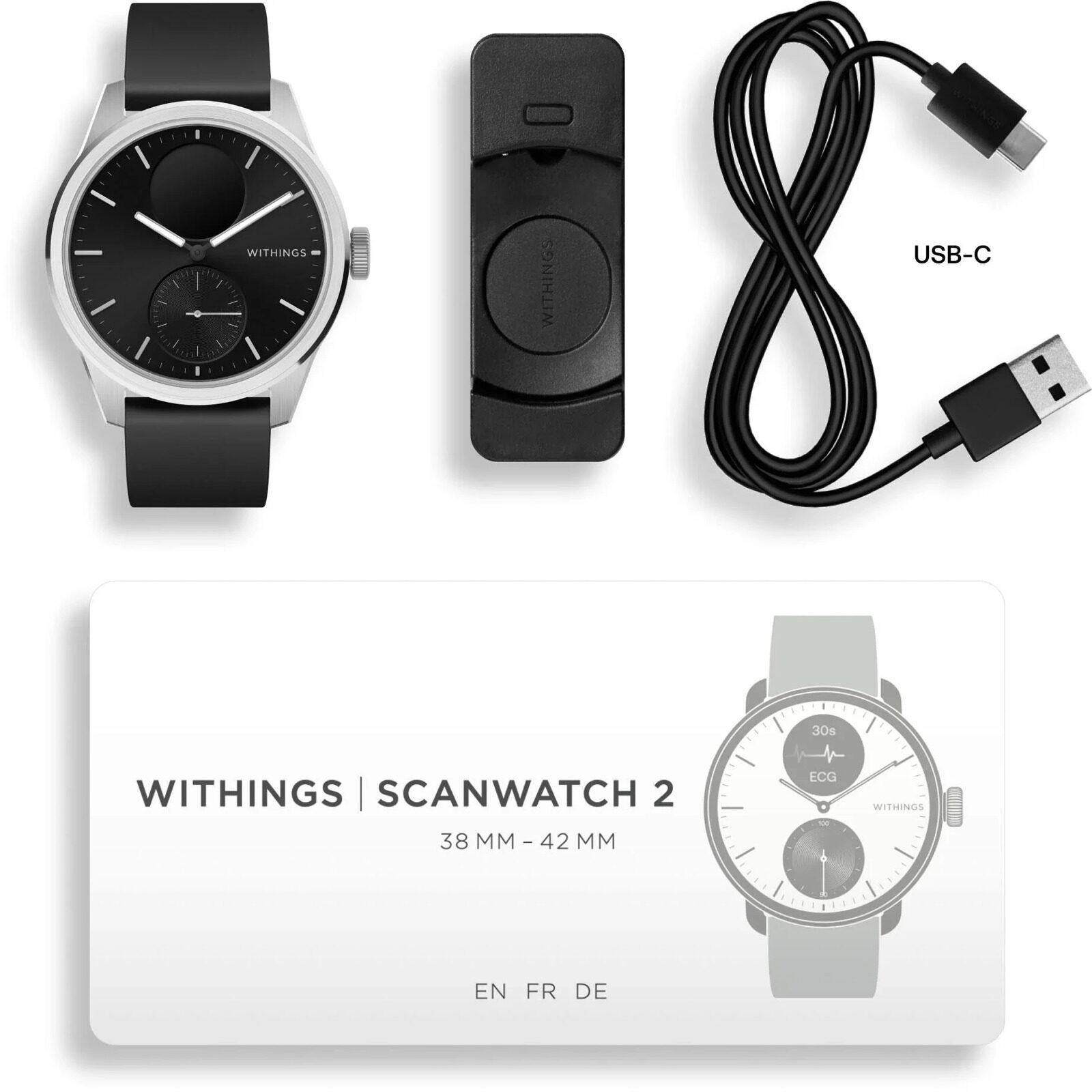 Withings Scanwatch 2-часы с функцией ЭКГ, измерением пульса и SPO2, а также измерением физической активности и сна (42mm, black)