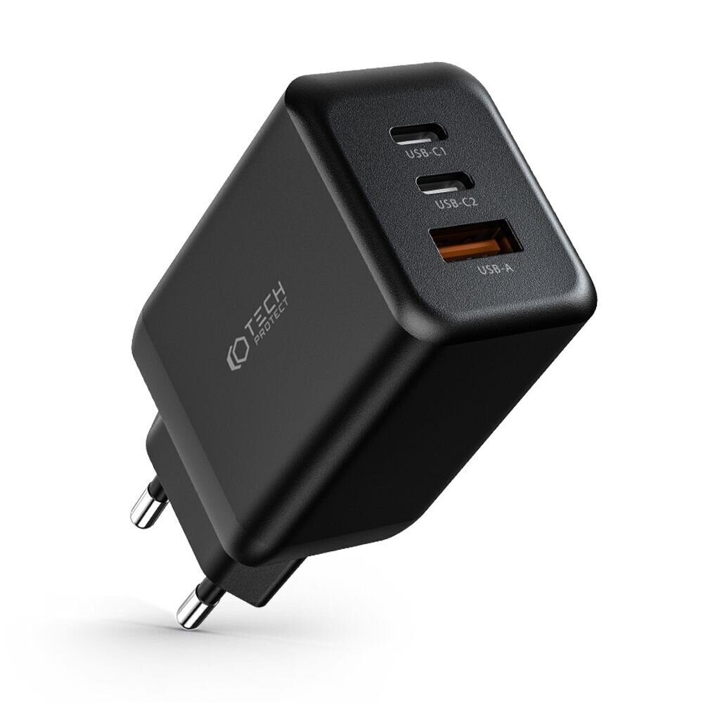 СЗУ TECH-PROTECT C65W 3-PORT NETWORK CHARGER PD65W/QC3.0 BLACK (USB-C1/C2 - 65W Max; USB-A - 18W Max)