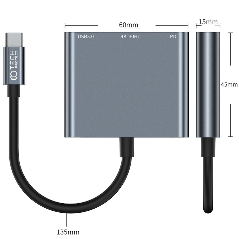Хаб USB-C TECH-PROTECT V1-HUB ADAPTER 3IN1 GREY (материал ABS и алюминиевый сплав; 1 x Port USB-A 3.0 5.0 Gbps (640MB/s); 1 x Port USB-C PD100W; 1 x Port HDMI 4K 30Hz)