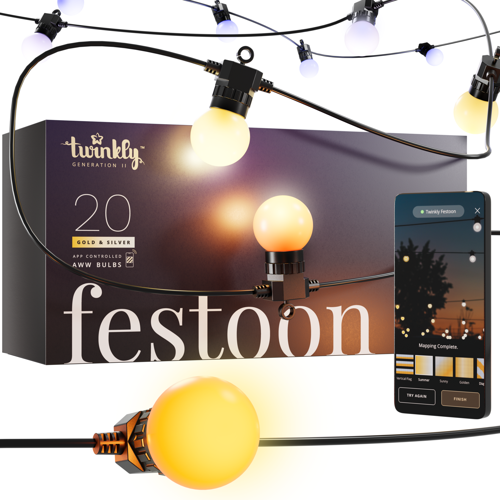 Гирлянда LED Twinkly Festoon (Gold & Silver edition) - 20 шт. (10 м) AWW + BT + Wi-Fi (TWF020GOP-BEU)