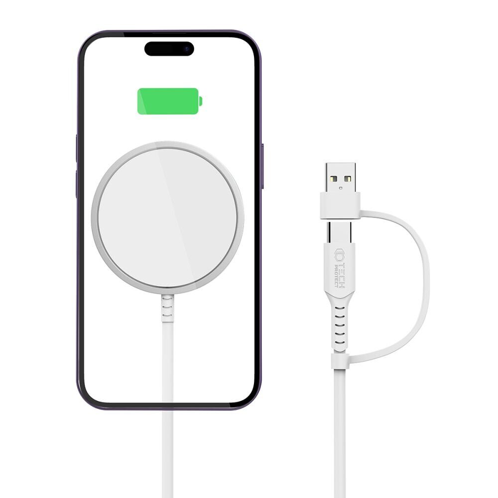 БЗУ TECH-PROTECT QI15W-A25 MAGNETIC MAGSAFE WIRELESS CHARGER 15W WHITE (прочный кабель длиной 1,2м; два типа разъёма для подключения к блоку питания USB-C и USB-A)