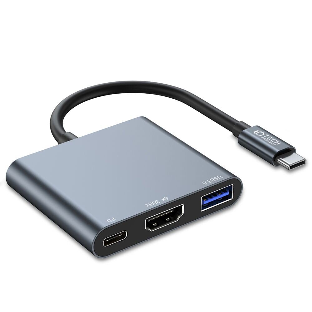 Хаб USB-C TECH-PROTECT V1-HUB ADAPTER 3IN1 GREY (материал ABS и алюминиевый сплав; 1 x Port USB-A 3.0 5.0 Gbps (640MB/s); 1 x Port USB-C PD100W; 1 x Port HDMI 4K 30Hz)
